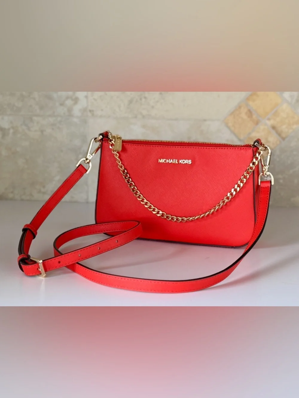 Michael Kors Jet Set Travel M Convertible Chain Shoulder Crossbody Bag Mandarin